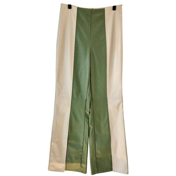 NWT Cider Faux Leather Slit Trousers Pants Green Beige Y2K 90s Women's M - Picture 2 of 9